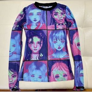 XS Mesh Long Sleeve Mock Neck Shirt | Color: Blue/Pink/Green |